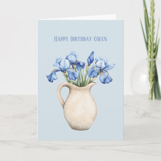 誕生日にクリーム色の花瓶と紫のアイリスの花 カード (正面)