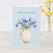 誕生日にクリーム色の花瓶と紫のアイリスの花 カード (黄色い花)