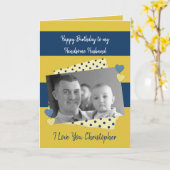 誕生日にハンサムな夫のネイビーの写真カード カード (黄色い花)