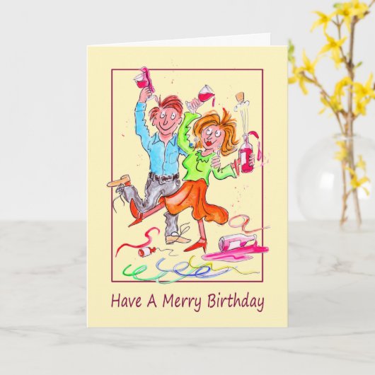 誕生日に参加するカップルの風刺画 カード (黄色い花)