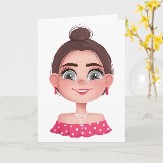 誕生日に大きな目を持つかわいい女の子 カード (黄色い花)