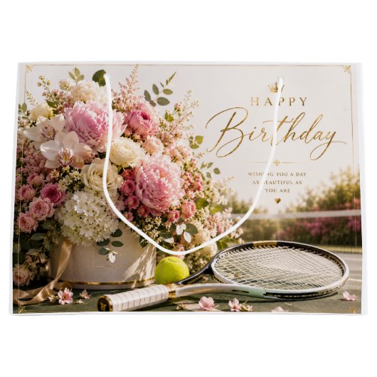 誕生日に沢山の花とテニスボール ラージペーパーバッグ (正面)