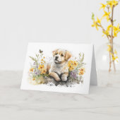 誕生日に泥んこかわいい子犬 カード (黄色い花)