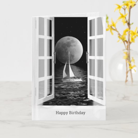 誕生日に満月と帆船海 カード (黄色い花)