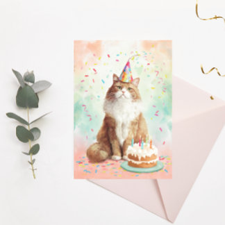 誕生日ねこポストカード – パーティーのねこちゃんとケーキ ポストカード
