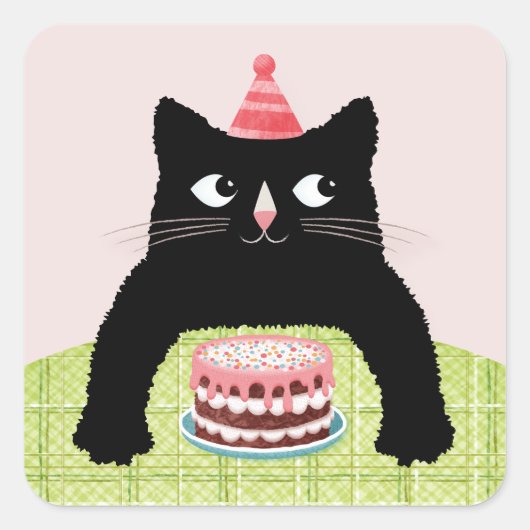 誕生日ねこ ワイト 誕生日ケーキと帽子 スクエアシール (正面)