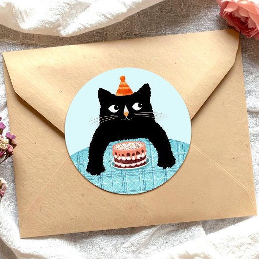 誕生日ねこ ワ Birthday ケーキと帽子 スクエアステッカー ラウンドシール
