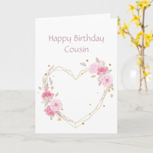 誕生日のいとこのピンクの花のハートカード カード (黄色い花)