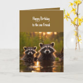 誕生日のためのワンフレンドアライグマかわいい カード (黄色い花)