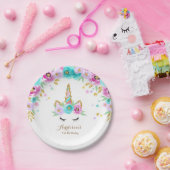 誕生日のための花が付いているユニコーンのプレート ペーパープレート (パーティー)