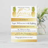 誕生日のための金ゴールドのルアウ（ハワイ式宴会）のパーティの招待状、シャワー 招待状 (スタンド正面)