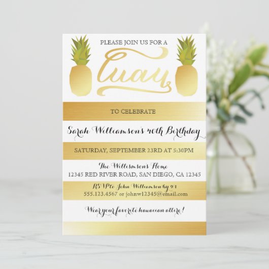 誕生日のための金ゴールドのルアウ(ハワイ式宴会)のパーティの招待状、シャワー 招待状 (スタンド正面)