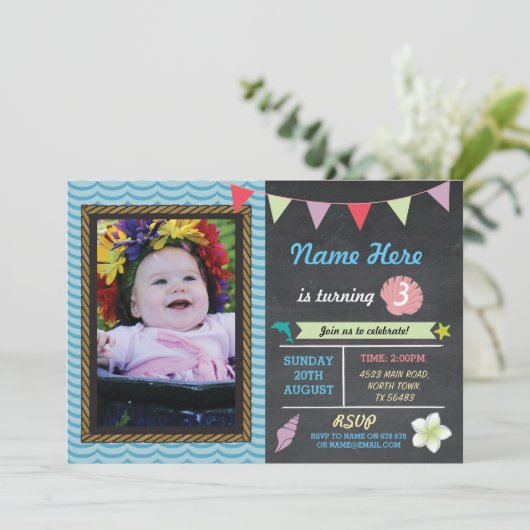 誕生日のアロハ海のイルカの星の写真のパーティーの招待 招待状 (スタンド正面)