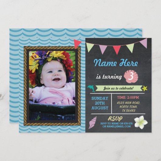 誕生日のアロハ海のイルカの星の写真のパーティーの招待 招待状 (正面/裏面)