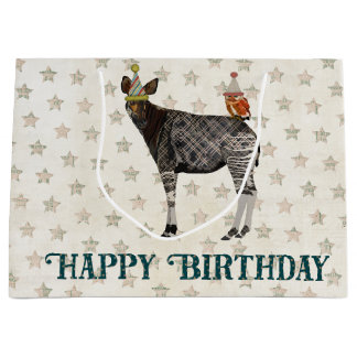 誕生日のオカピ及びフクロウ ラージペーパーバッグ