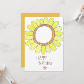 誕生日のオレンジ黄色の落書きのヒマワリのピンクのハート カード (正面/裏面インサイチュ)