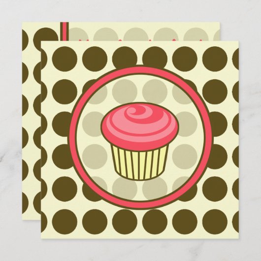 誕生日のカップケーキの招待状-ブラウンの点とのピンク 招待状 (正面/裏面)