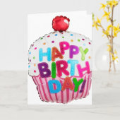 誕生日のカップケーキの気球 カード (黄色い花)