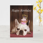誕生日のカップケーキを持つフレンチ・ブルドッグ カード (黄色い花)