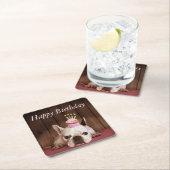 誕生日のカップケーキを持つフレンチ・ブルドッグ スクエアペーパーコースター (インサイチュ)