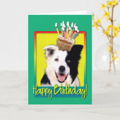 誕生日のカップケーキ-ボーダーコリー カード (黄色い花)