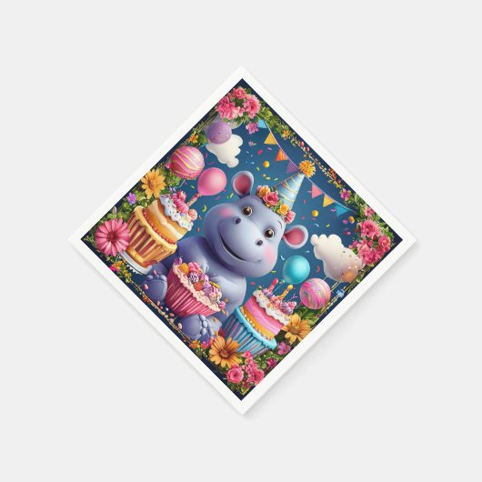 誕生日のカバと風船 スタンダードカクテルナプキン (角)