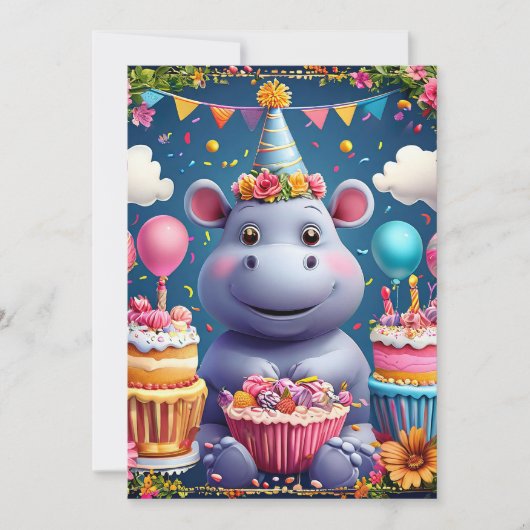 誕生日のカバと風船 招待状 (正面)