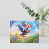 誕生日のカラス 風船とファンタジー城 ポストカード (スタンド正面)