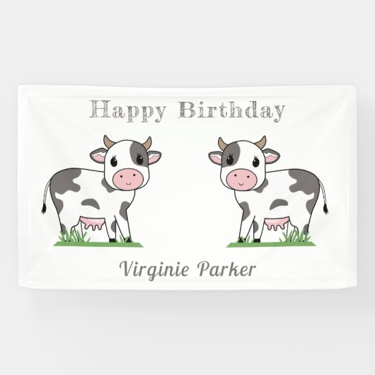 誕生日のカワイイ牛バナー 横断幕 (横)