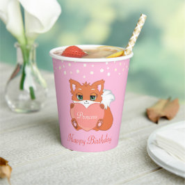 誕生日のキツネとライトピンクの花 紙コップ