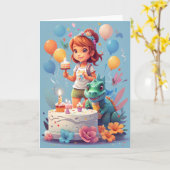 誕生日のケーキと恐竜を持つ漫画の女の子 カード (黄色い花)