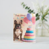 誕生日のケーキを持つフレンチブルドッグ ポストカード (スタンド正面)