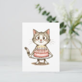 誕生日のケーキを持つ漫画の猫 ポストカード (スタンド正面)