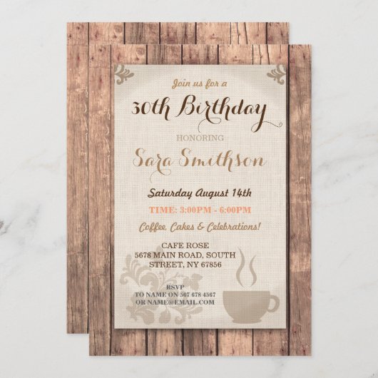 誕生日のコーヒー友人によっては素朴なカフェ木がパーティを楽しみます 招待状 (正面/裏面)