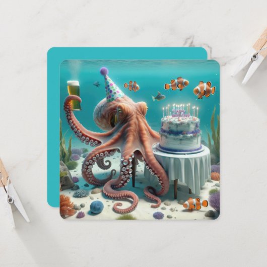 誕生日のタコとビール 招待状 (正面/裏面インサイチュ)