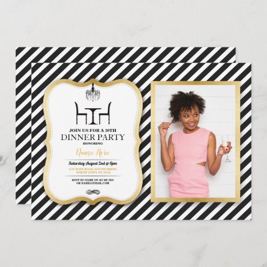 誕生日のディナー・パーティの金ゴールドのエレガントなシャンデリア 招待状 (正面/裏面)