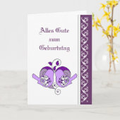 誕生日のドイツ語紫色の花のハートの鳥 カード (黄色い花)