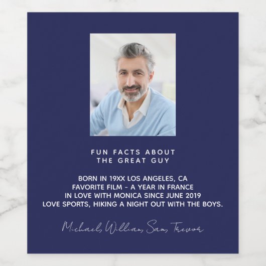 誕生日のネイビーブルーの写真と楽しい事実のプロフィール男子 ワインラベル (シングルラベル)