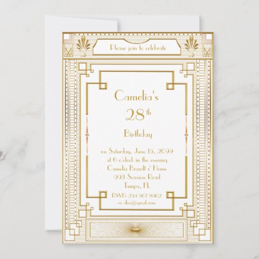 誕生日のパーティの招待状の女性、白い素晴らしいGatsby 招待状 (正面)