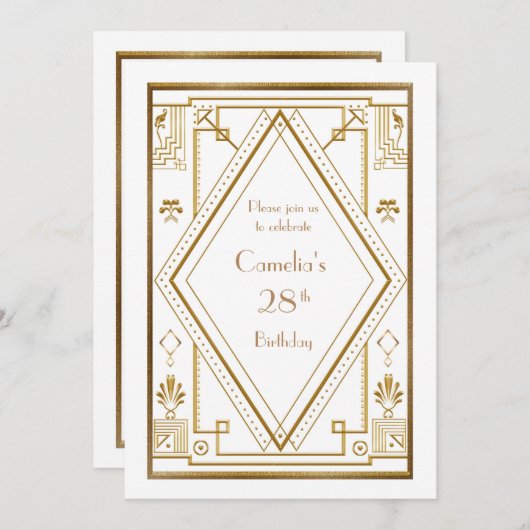 誕生日のパーティの招待状の女性、白い素晴らしいGatsby 招待状 (正面/裏面)