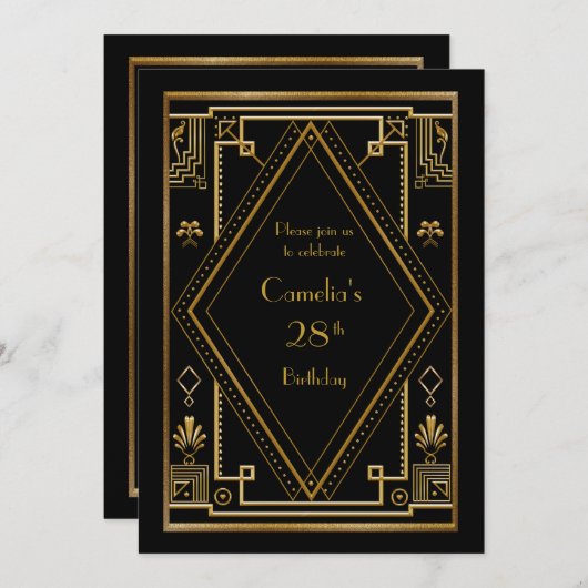誕生日のパーティの招待状の女性、黒い素晴らしいGatsby 招待状 (正面/裏面)