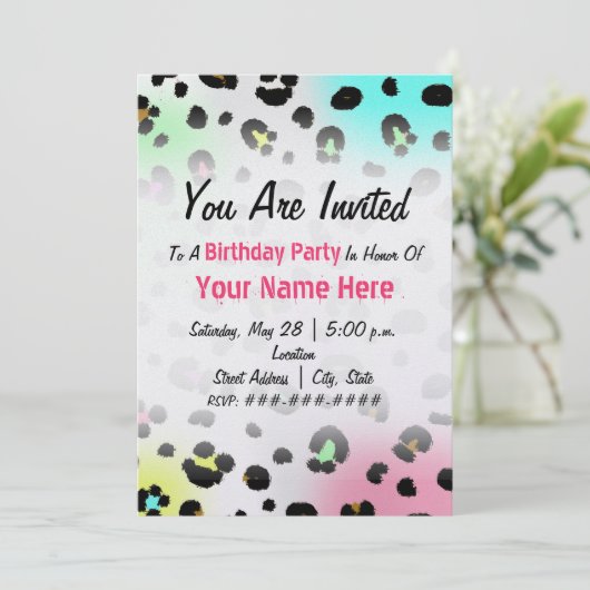 誕生日のパーティの招待状-ネオンエアブラシのヒョウ 招待状 (スタンド正面)