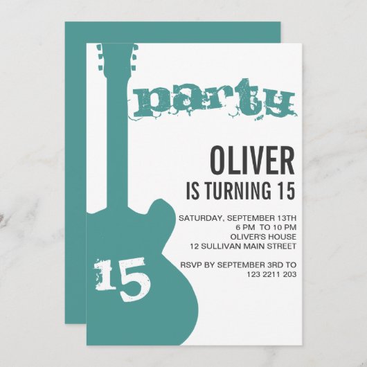 誕生日のパーティの招待状-青いギターのシルエット 招待状 (正面/裏面)