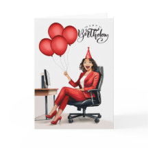 誕生日のビジネスウーマンがオフィスの椅子に赤