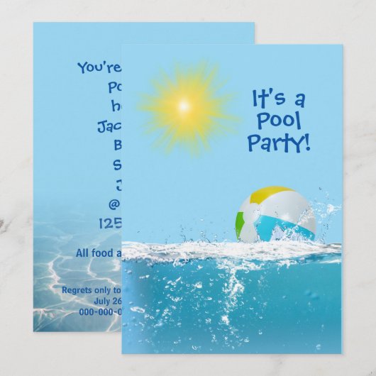 誕生日のビーチボールプールパーティ 招待状 (正面/裏面)
