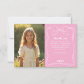 誕生日のピンクの写真の女の子のリボン サンキューカード (正面)