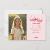 誕生日のピンクの写真の女の子のリボン サンキューカード (正面)