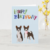 誕生日のブリンドルバセンジー犬動物バブルガム カード (黄色い花)