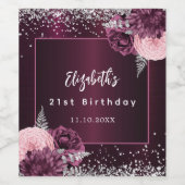 誕生日のブルゴーニュ色のピンクの銀色の花 ワインラベル (シングルラベル)