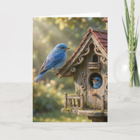 誕生日のブルーバードと鳥小屋 カード (正面)